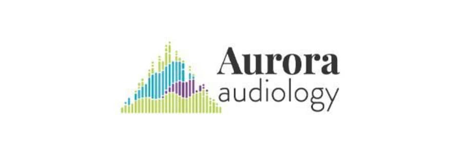 Logo of Aurora Audiology featuring a stylized mountain graphic in green and blue with the text "Aurora audiology."