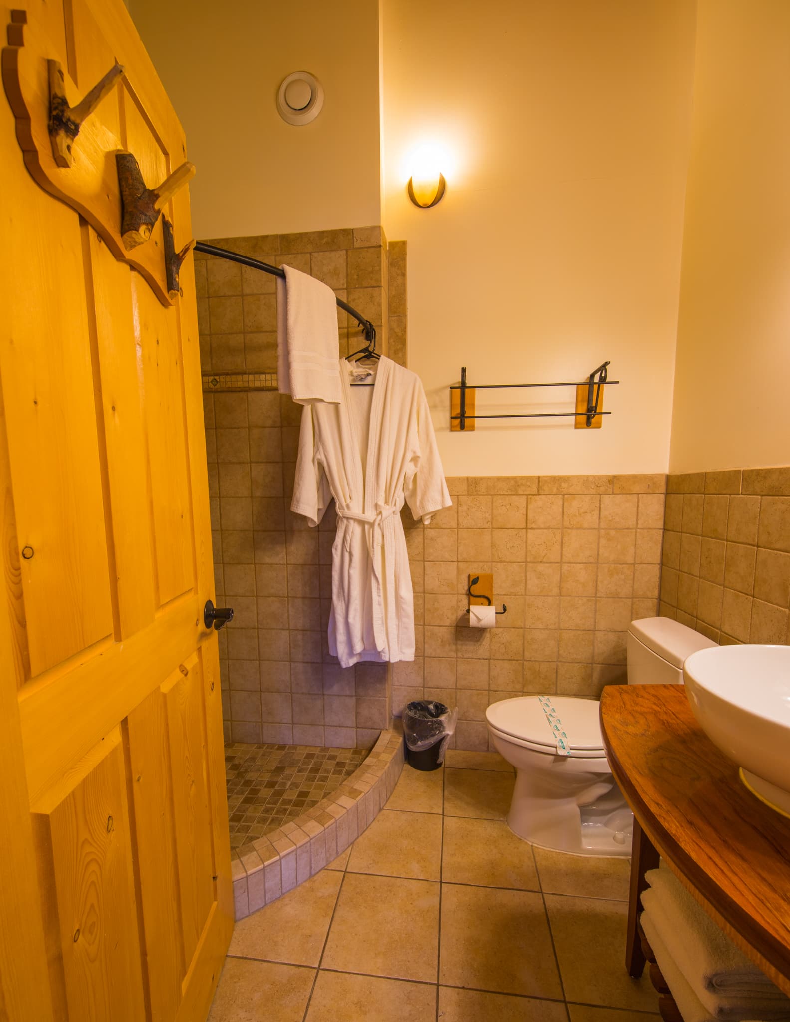 A cozy bathroom featuring a shower, wooden door, toilet, and a bathrobe on display.