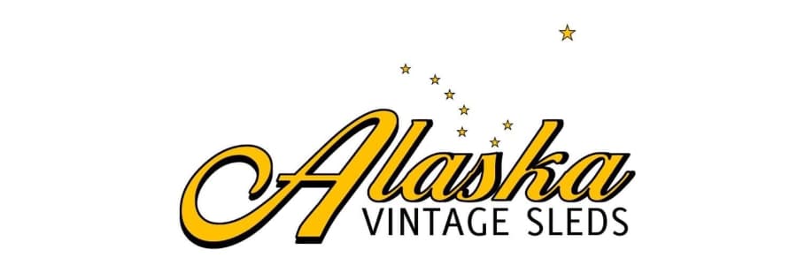Logo for "Alaska Vintage Sleds" featuring stylized text and decorative stars.