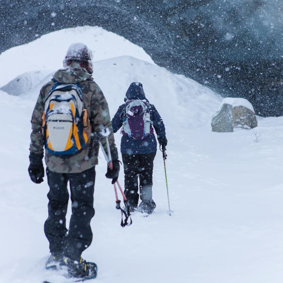 Two silhouetted hikers trek through a snowy landscape in a snowstorm.
