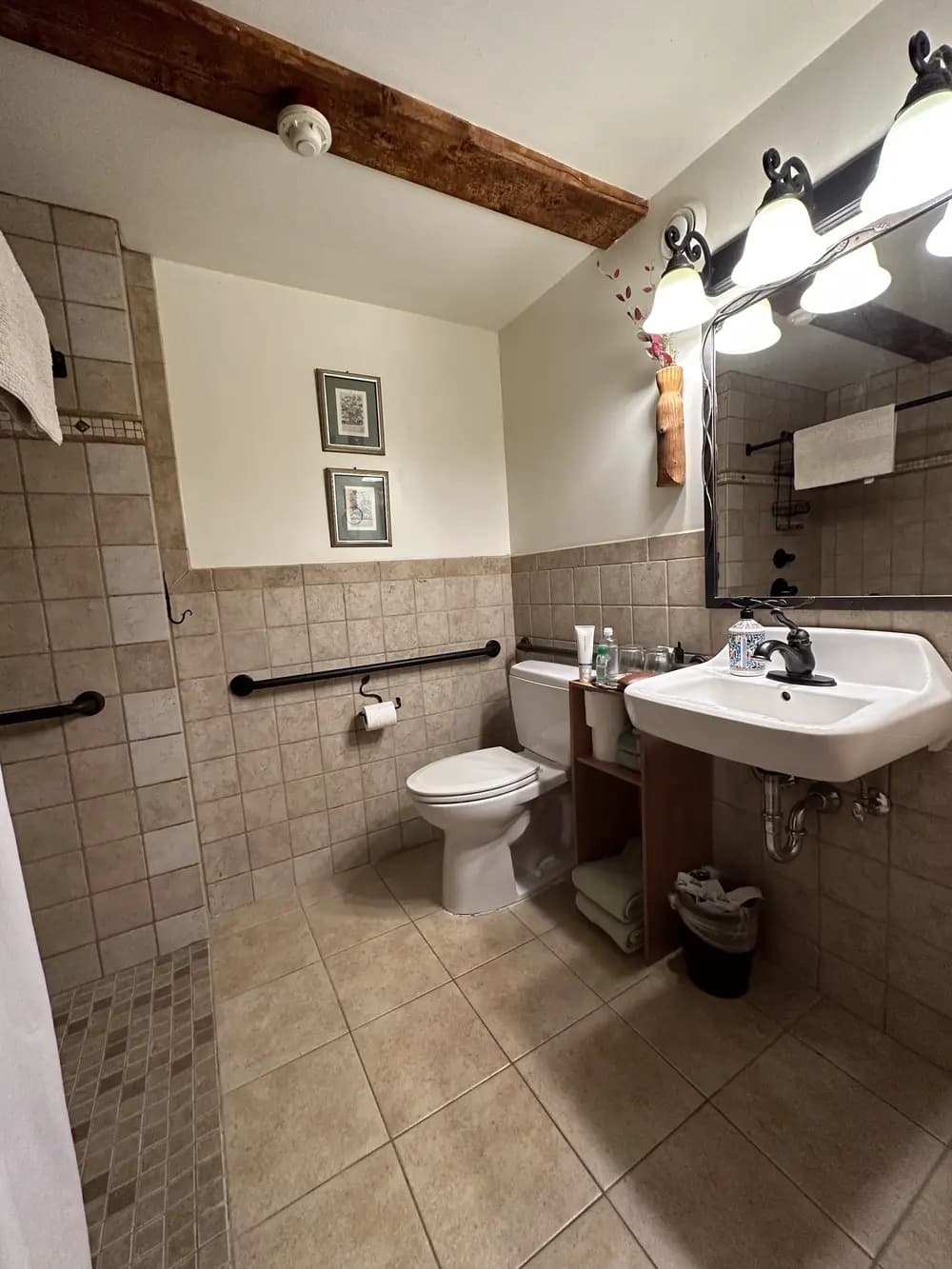 A neatly arranged bathroom featuring beige tiles, a sink, a toilet, and decorative elements.